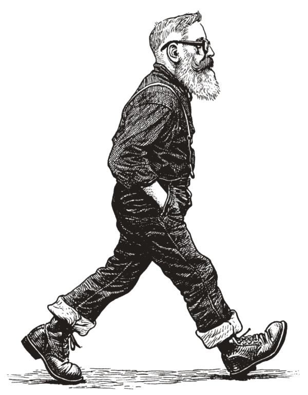 Illustration of a bearded barber in boots and rolled jeans walking to work